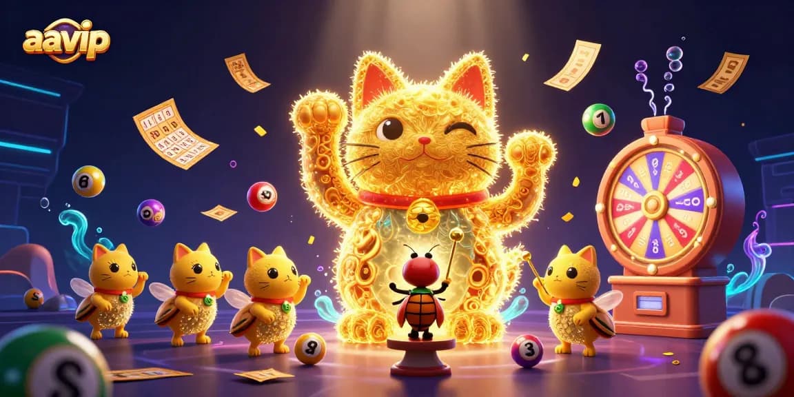 Engage with the exciting world of aavip casino through a vibrant illustration showcasing a dynamic lucky cat among colorful lottery elements.
