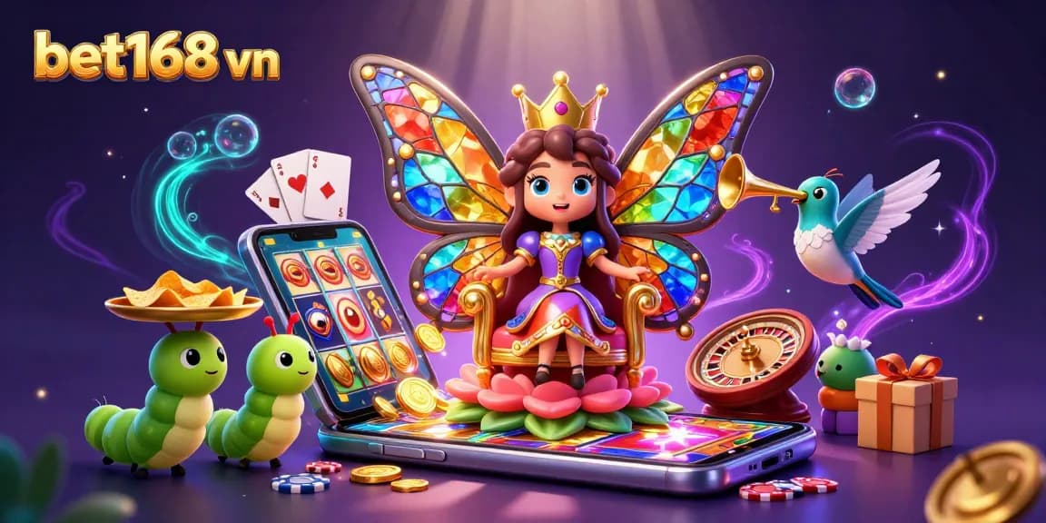 Experience thrilling gaming at bet168 vn with dynamic slot games and vibrant characters in a magical casino scene.