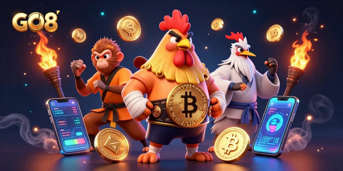 GO8 players experiencing thrilling wins amid vibrant slot games and crypto elements in a lively casino scene.