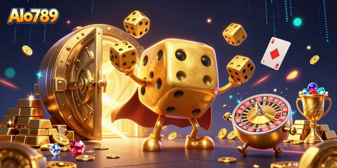 Alo789 offers thrilling dice games in a packed casino scene with gold treasures and vibrant animations.