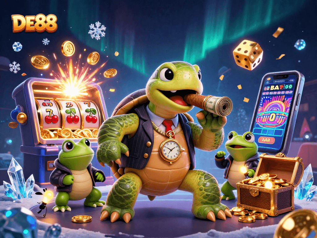 Experience thrilling action at DE88 with a vibrant, animated casino scene featuring a mobster turtle.