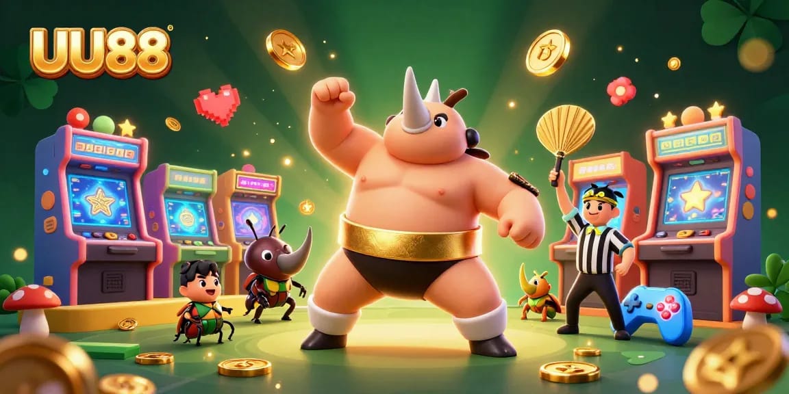 UU88 showcases a dynamic scene with a beetle champion and a cricket referee amidst flying coins and gaming elements.