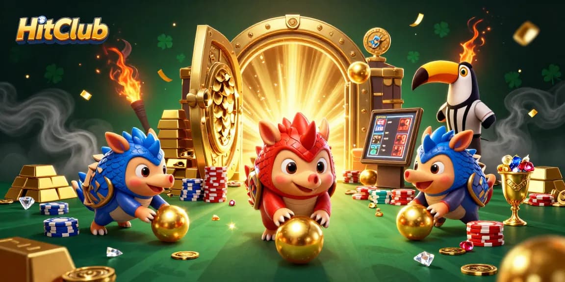 HitClub pangolins compete in a vibrant casino scene filled with gold and poker chips.
