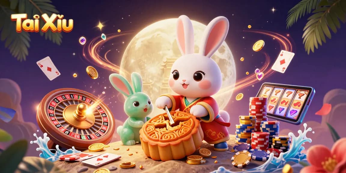 Experience Tài Xỉu thrills in a magical scene with moon rabbits, gold coins, and casino elements.