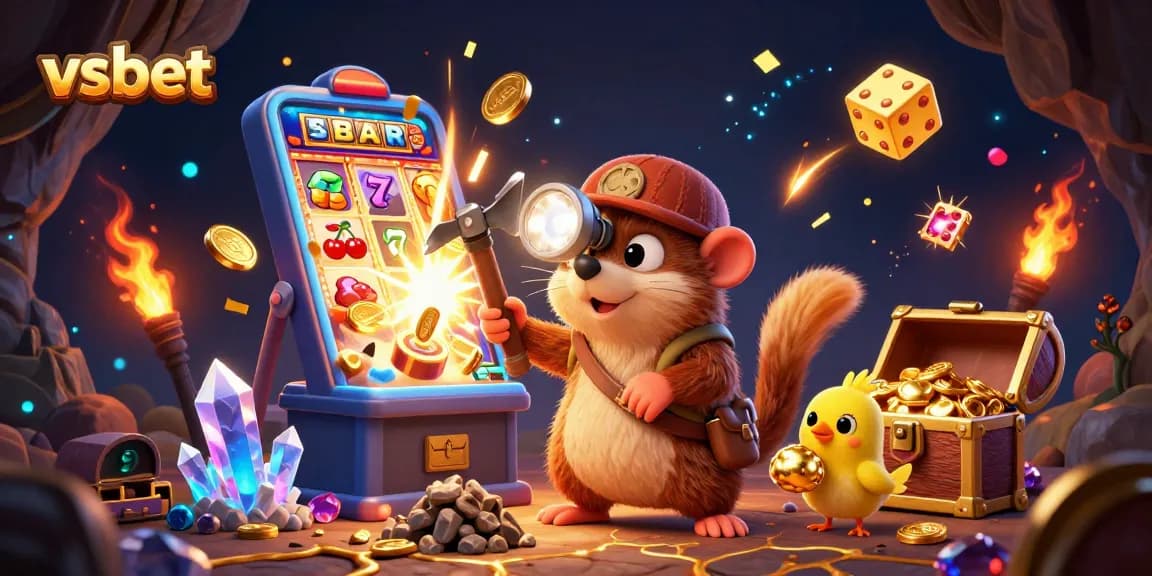 Experience thrilling slots with vsbet, featuring an energetic mole and magical treasures in a vibrant casino scene.