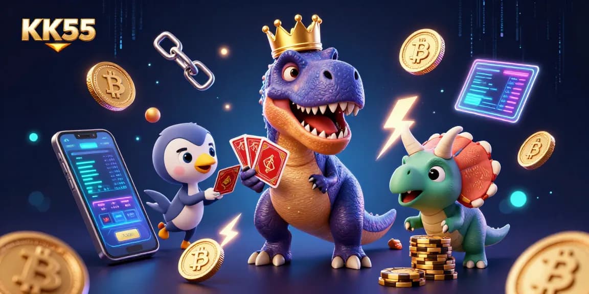 Experience KK55 with a T-Rex shuffling cards, vibrant casino elements, and thrilling energy.
