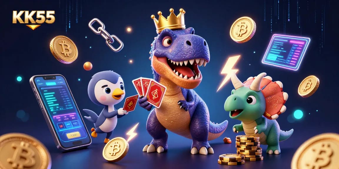 Experience KK55 with a T-Rex shuffling cards, vibrant casino elements, and thrilling energy.