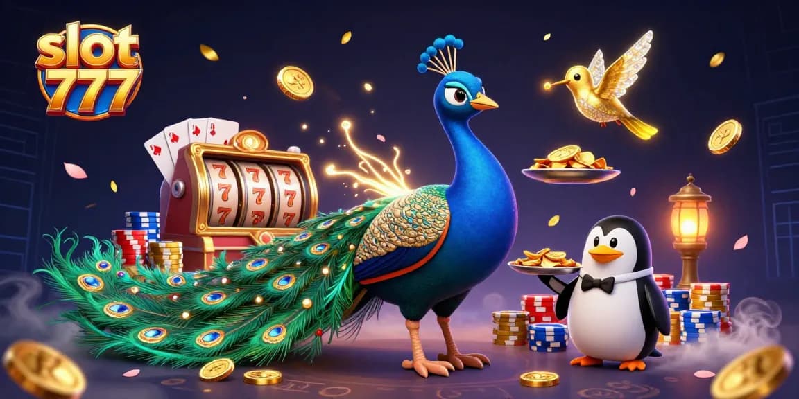 Engage with slot 777 in a vibrant casino scene featuring flying coins, playing cards, and jubilant characters.