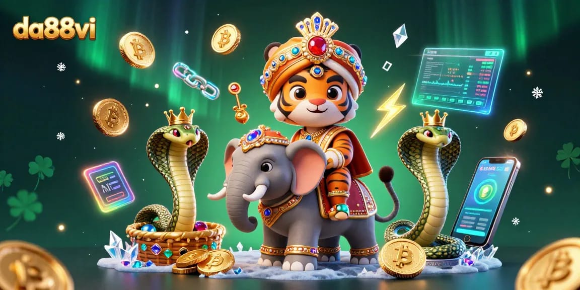 Engage in thrilling online gaming with da88vi's vibrant digital scene showcasing a royal tiger and treasures.
