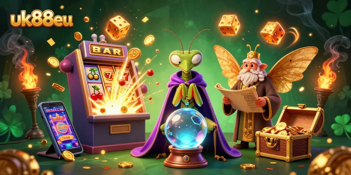 Experience the excitement of uk88eu with a vibrant 3D illustration showcasing thrilling casino games and lucky symbols.