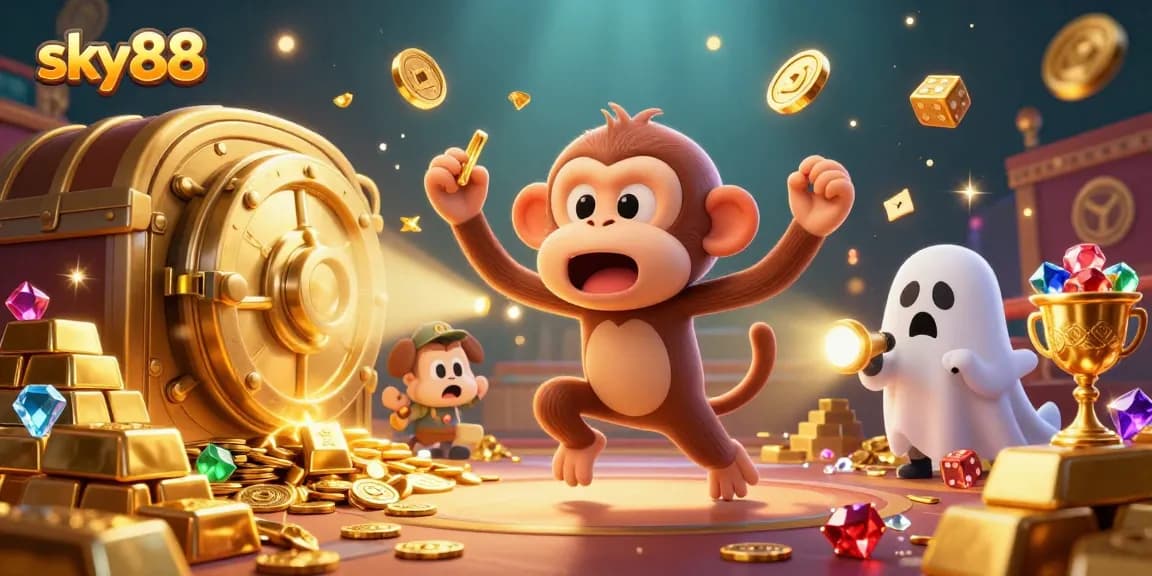 Experience thrilling wins at sky88 with a lively 3D casino scene featuring game elements and a playful poltergeist.