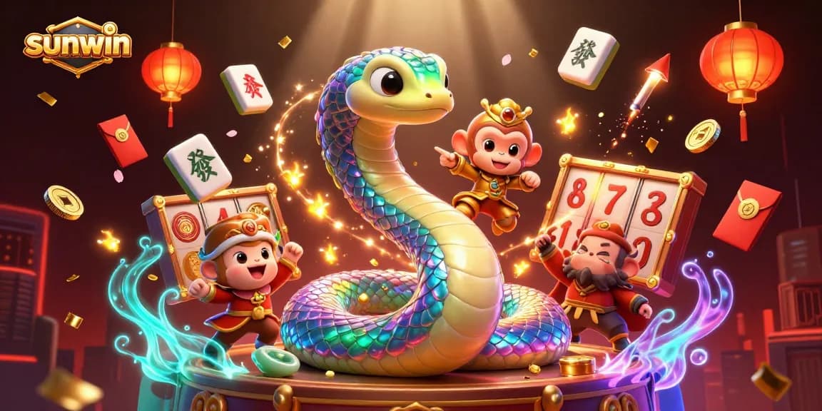 Experience sunwin's vibrant casino scene with a whimsical rainbow serpent and gaming elements.