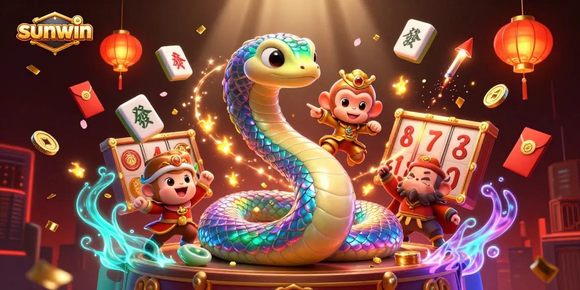 Experience sunwin's vibrant casino scene with a whimsical rainbow serpent and gaming elements.