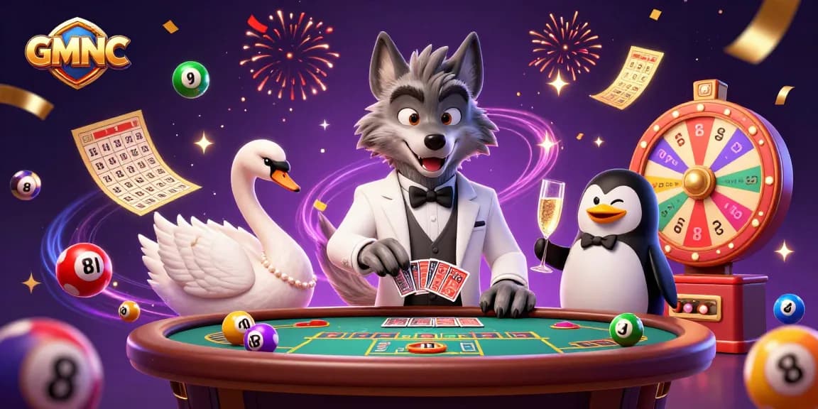 Experience dynamic casino action with GMNC's engaging characters at a baccarat table.
