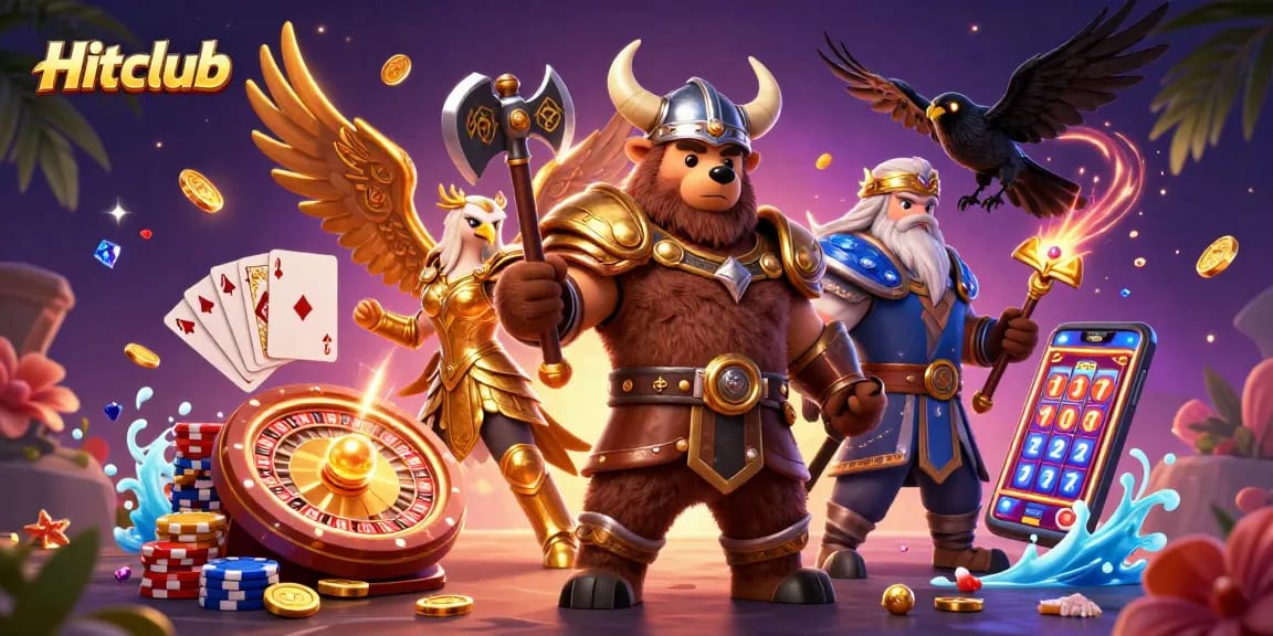 Hitclub features a Viking bear and Valkyrie eagle surrounded by casino elements, capturing the excitement.