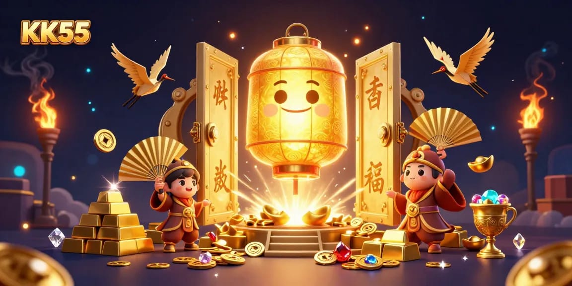 Gamblers explore KK55's dynamic environment filled with treasures and lucky symbols.