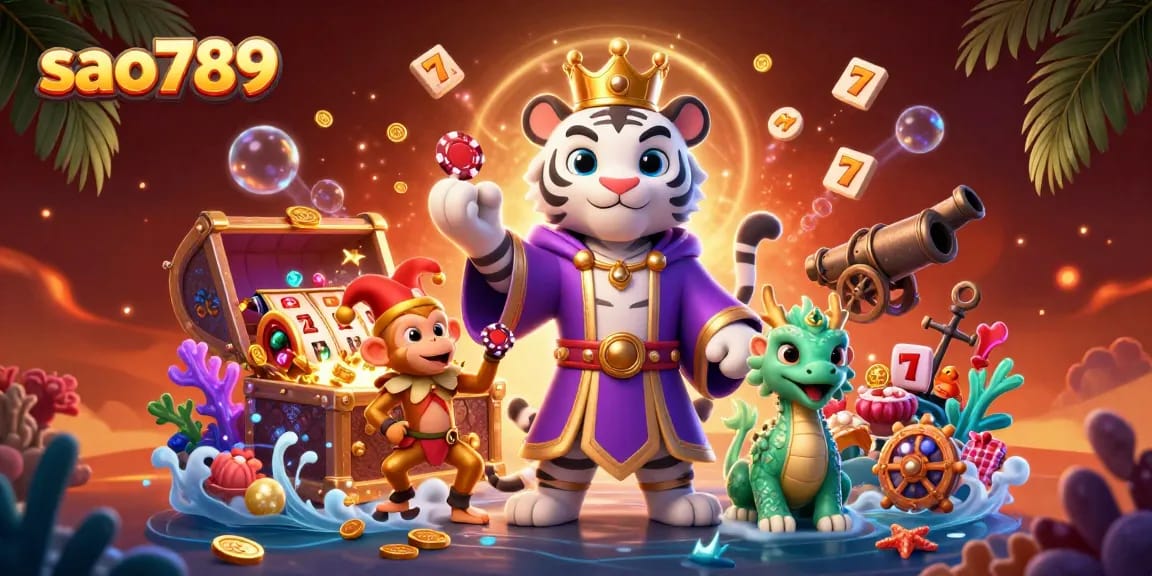 Sao789 offers exciting gaming experiences with a vibrant scene featuring a royal white tiger and a playful monkey surrounded by dynamic casino elements.