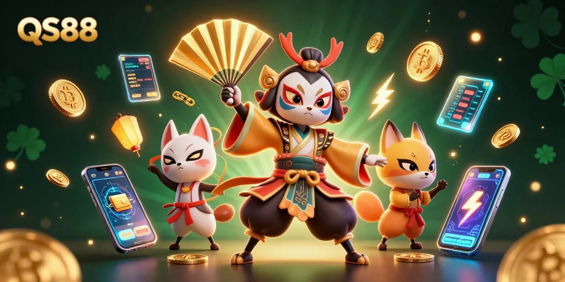 Engage with the dynamic QS88 gaming experience, featuring vibrant characters and crypto elements in a vivid 3D scene.