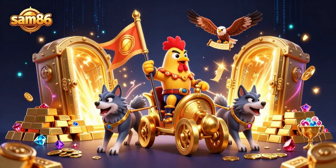 Experience thrilling victories at sam86 with a cartoon rooster warlord and treasures galore in this vibrant casino scene.