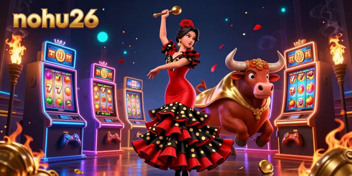 Engaging nohu26 image showcasing a woman in flamenco dress dancing next to a cartoon bull with slot machines.