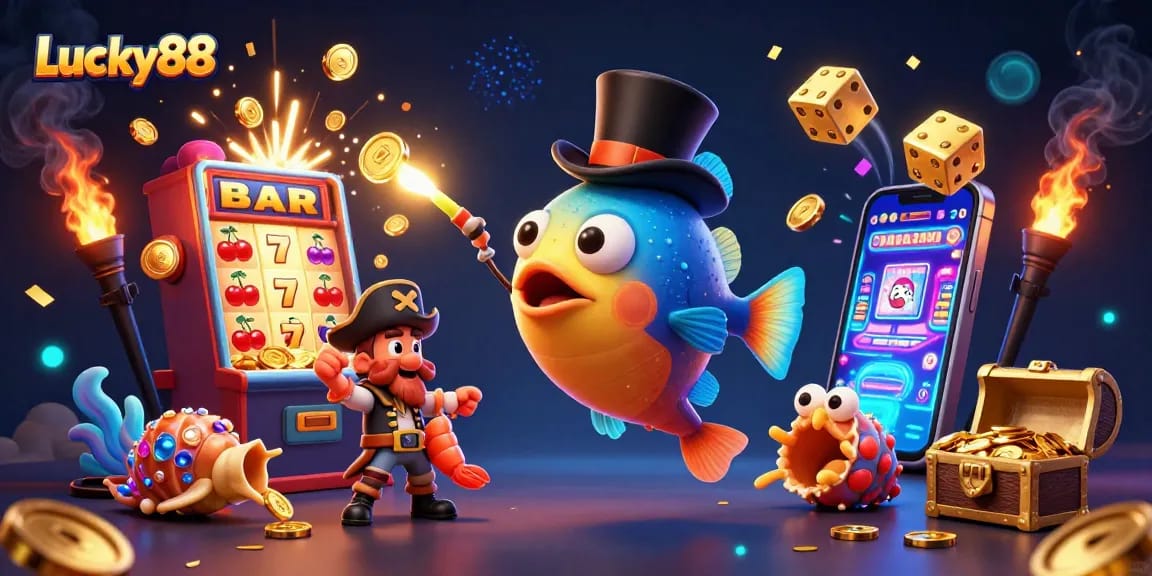 Play the Lucky88 slot with dynamic characters and a vibrant casino scene, showcasing excitement and winnings.