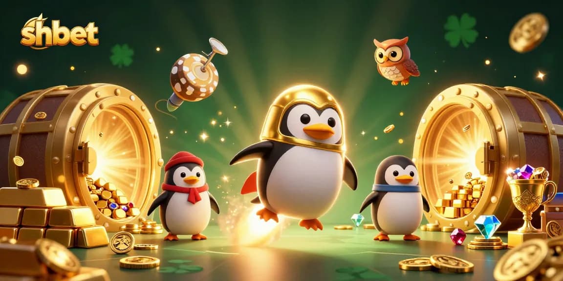 Experience the thrilling world of shbet with a vibrant, dynamic casino-themed illustration featuring a golden penguin in space.