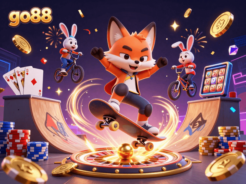 go88 showcases an energetic scene of a skateboarder fox and BMX rabbit celebrating casino wins.