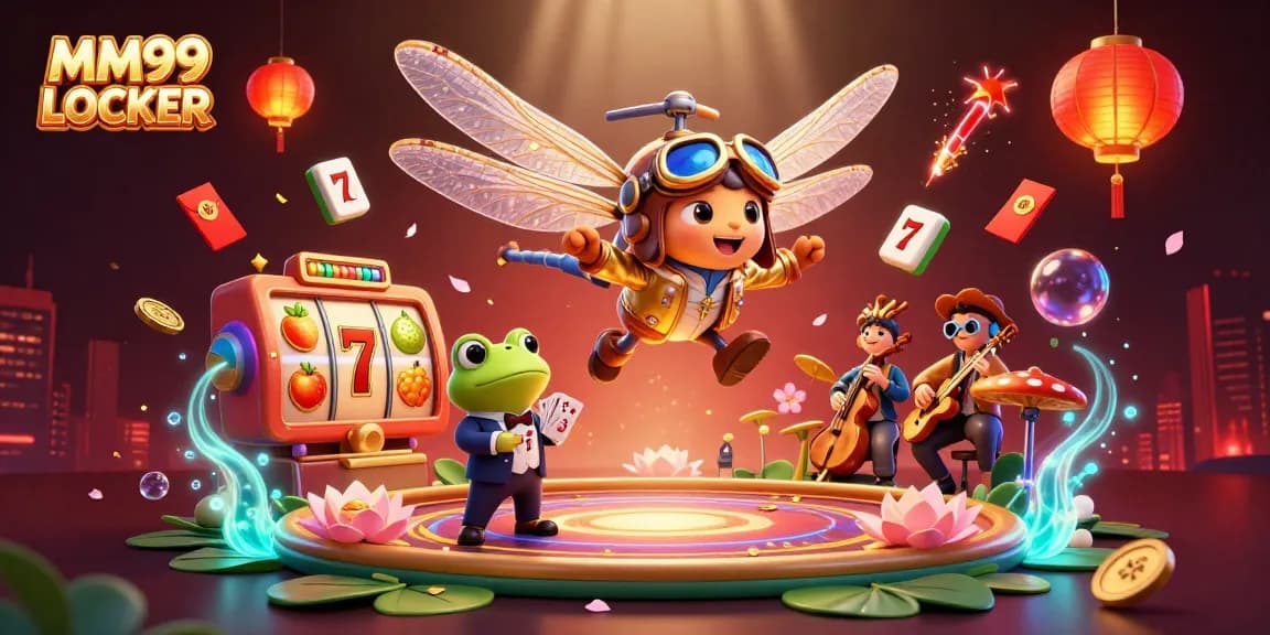 Experience the thrill of winning with MM99 LOCKER at this vibrant casino scene featuring engaging characters and dynamic slot elements.
