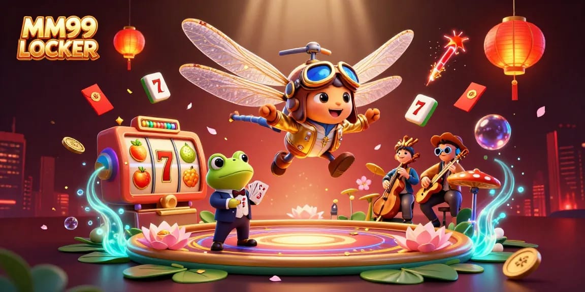 Experience the thrill of winning with MM99 LOCKER at this vibrant casino scene featuring engaging characters and dynamic slot elements.