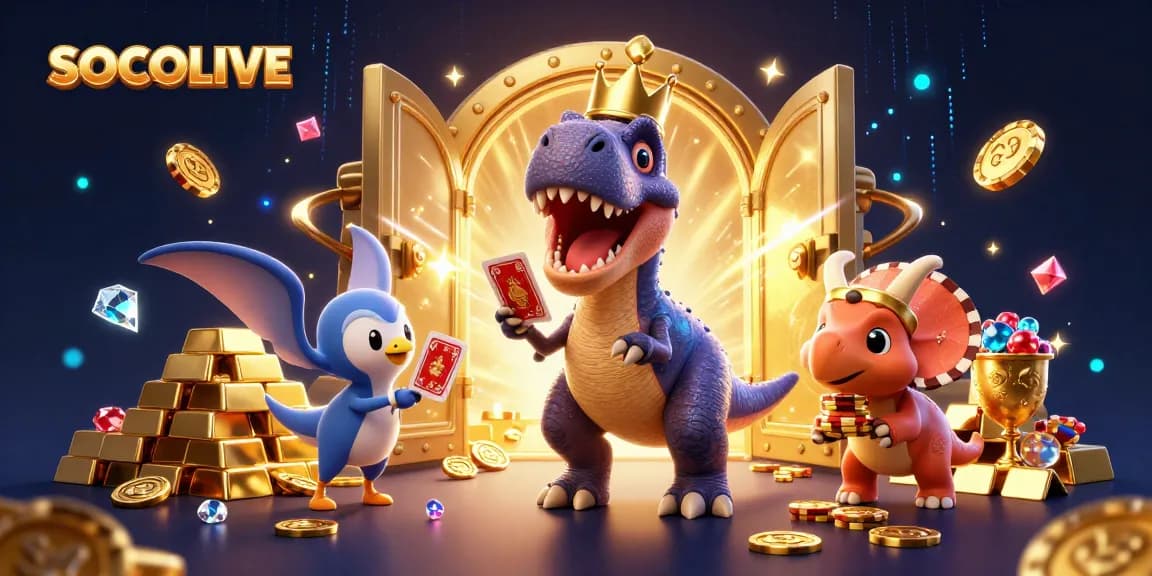 SOCOLIVE offers an entertaining scene with a T-Rex playing cards, showcasing excitement in the casino.