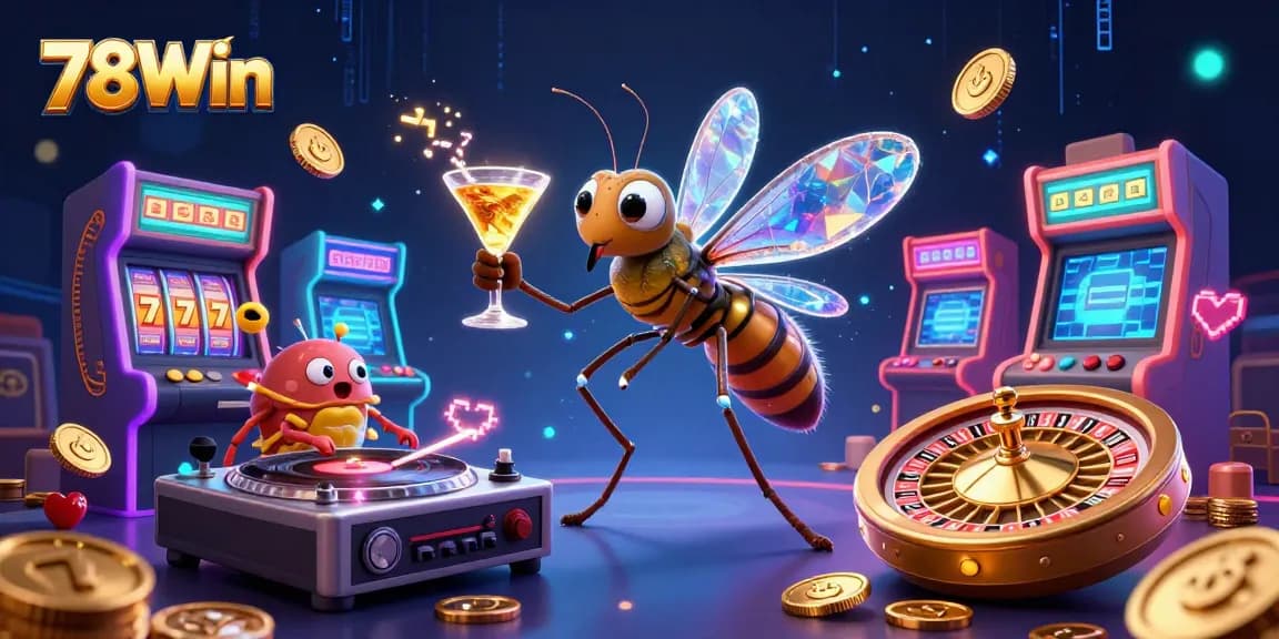 Engage with 78Win's exciting casino experience, featuring an animated mosquito casino mascot and vibrant gaming elements.