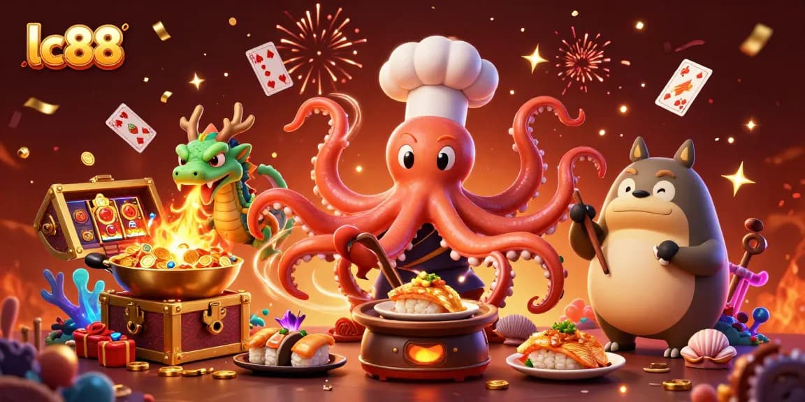 lc88 enhances gaming adventure with animated characters amidst casino elements and vibrant treasures.