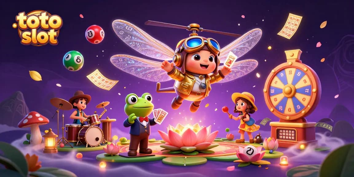 Toto slot scene featuring a dragonfly helicopter pilot, frog croupier, and jazz musicians creating excitement in a vibrant casino.