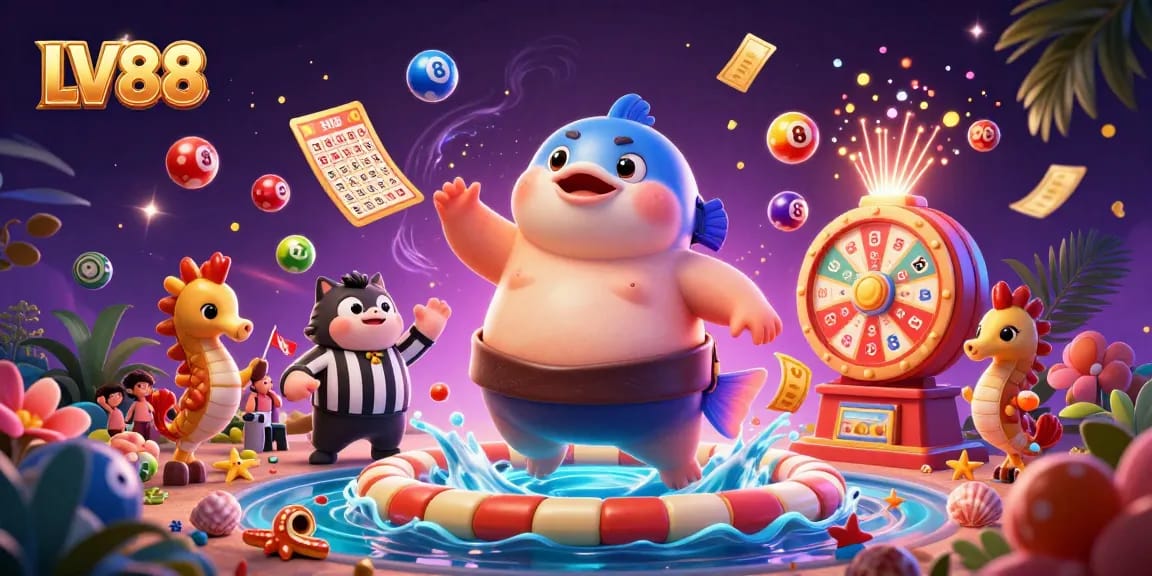 Experience LV88's vibrant celebrations with a fugu, catfish, and seahorses in a dynamic gaming scene.