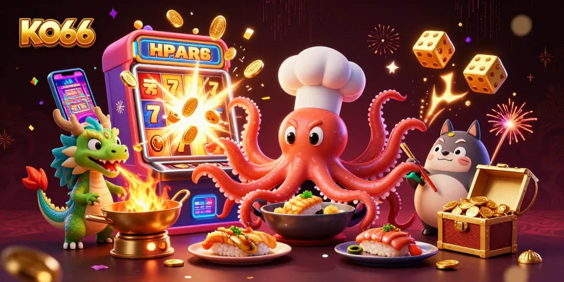 Experience thrilling wins at KO66 with a dynamic casino scene featuring characters and exciting game elements.