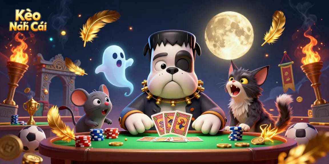 Kèo Nhà Cái scene featuring a Frankenstein bulldog dealing cards amidst sports betting excitement and ghostly elements.