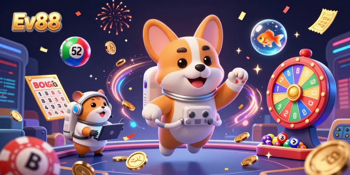 Ev88 offers an exciting experience with floating lottery elements and characters amid casino thrills.