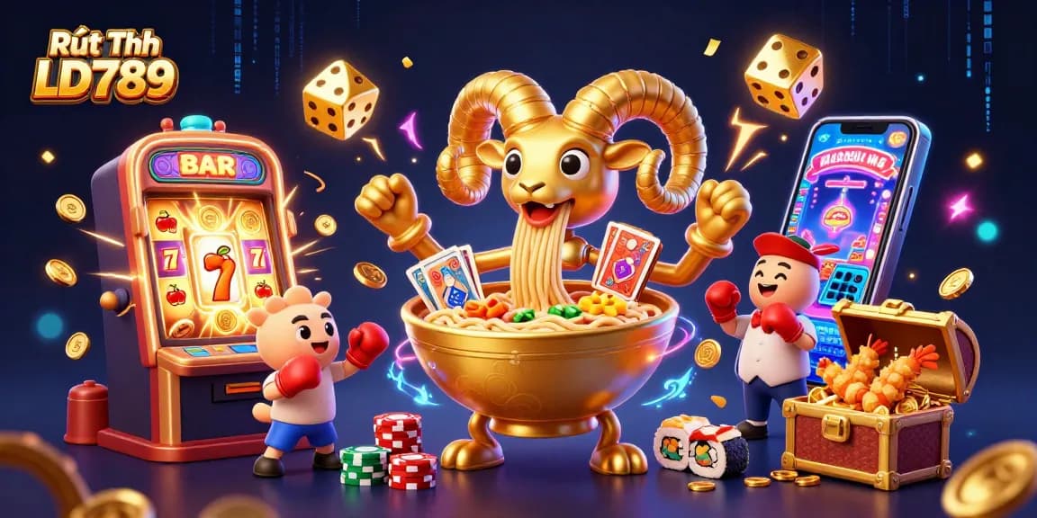 Experience Rút Tiền LD789 with vibrant illustrations of casino games and energetic characters.