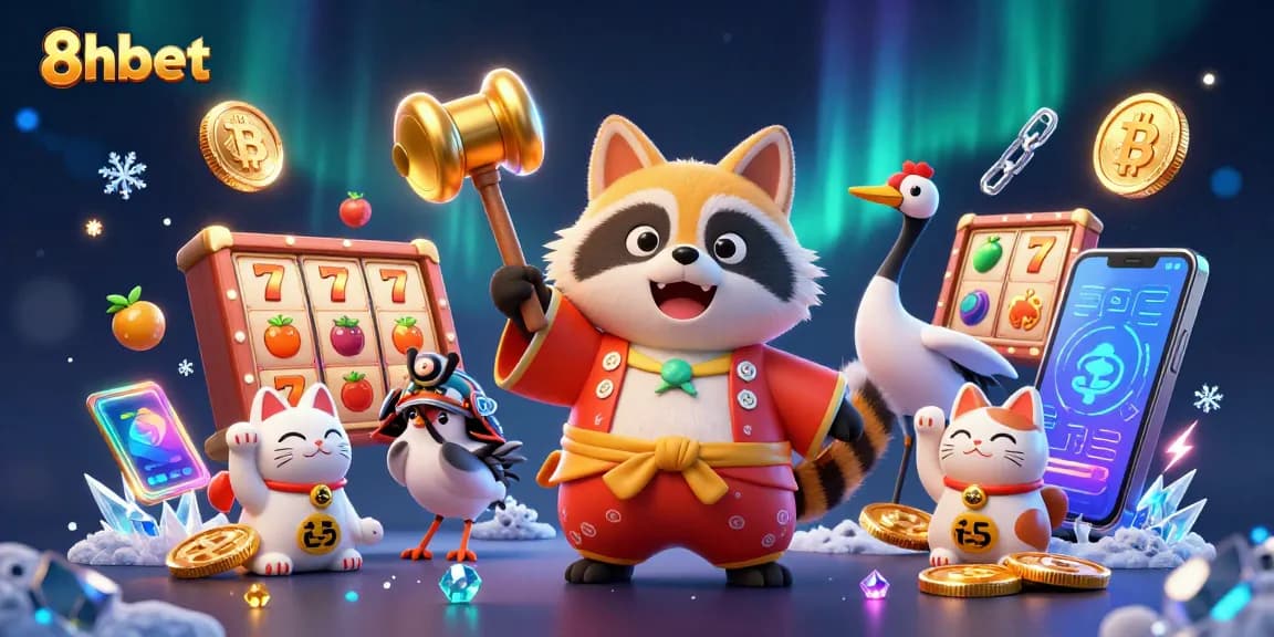 Play exciting slots with 8xbet featuring cheerful tanuki and crypto elements in vibrant 3D scene.