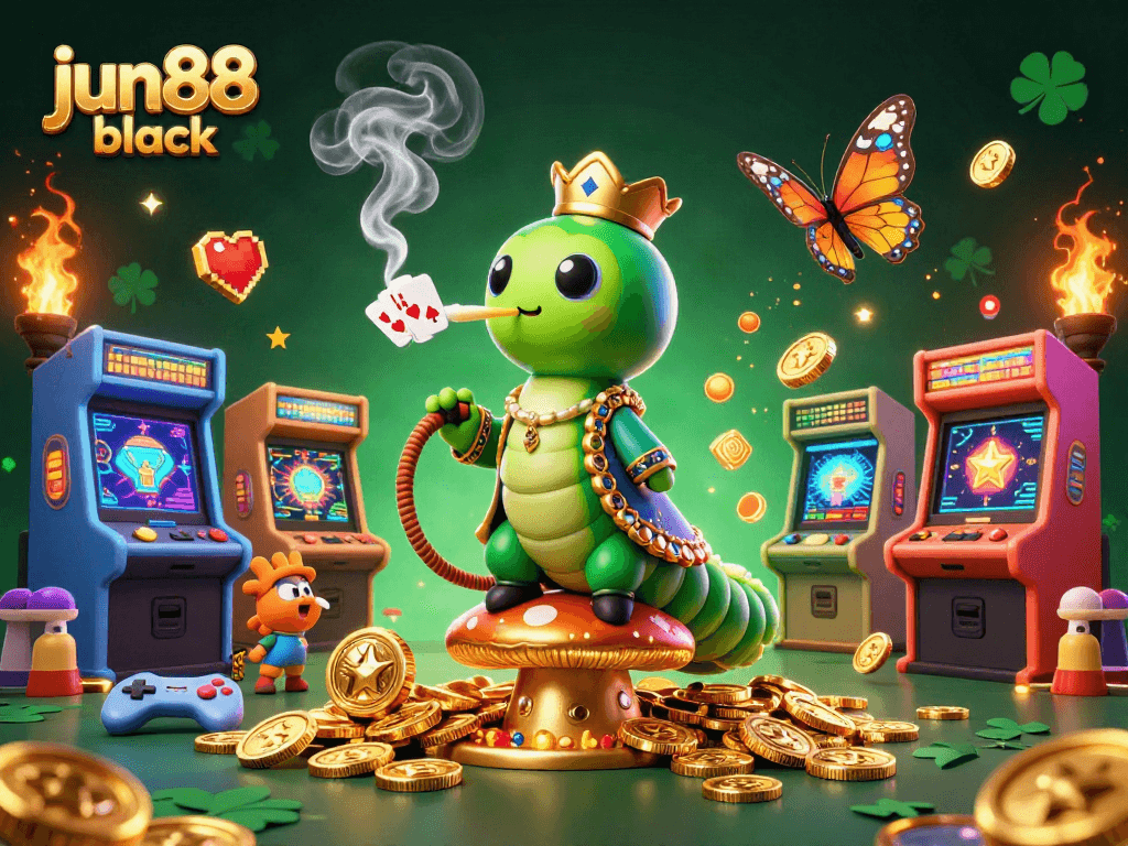 Experience thrilling games like poker and slots at jun88 black with vibrant casino elements and cartoon characters.
