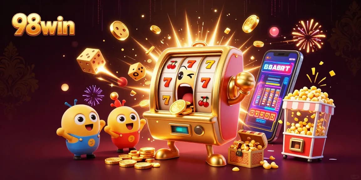 Spin the reels and win big with 98win's exciting casino scene featuring dynamic slot machines.