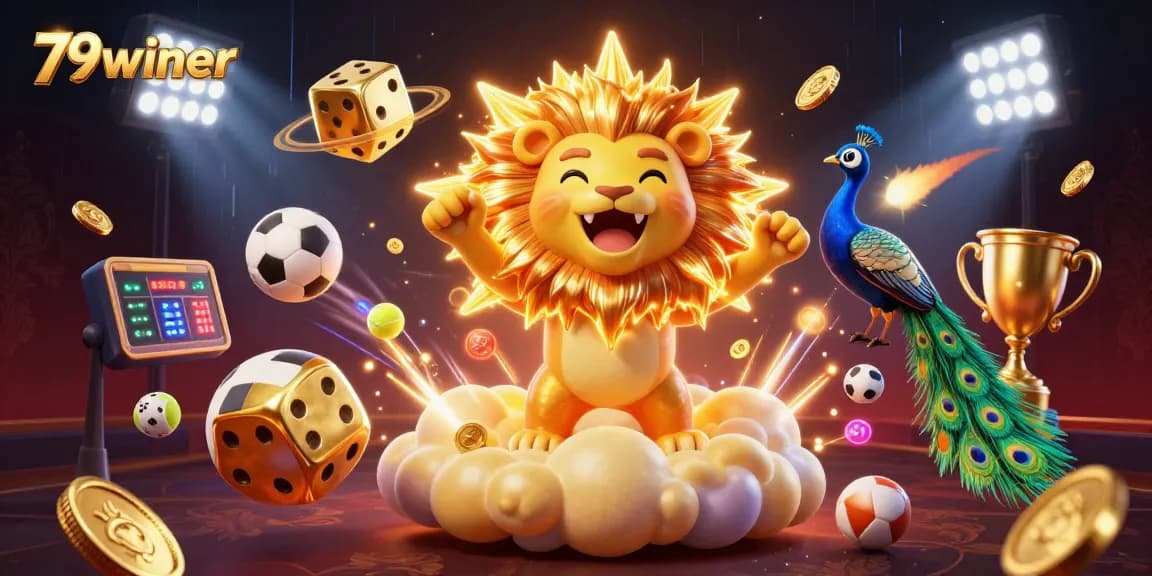 79winer shows golden dice and a roaring lion in a vibrant sports-themed casino illustration