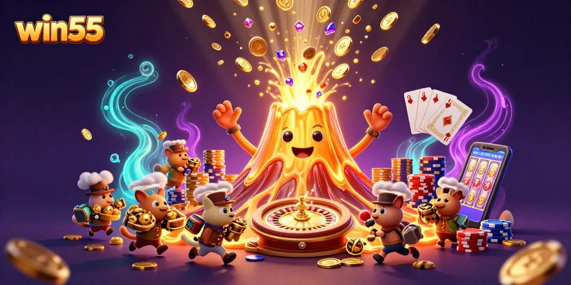 Win55 gamers experience thrill with animated golden volcano and treasures in a vibrant casino scene.