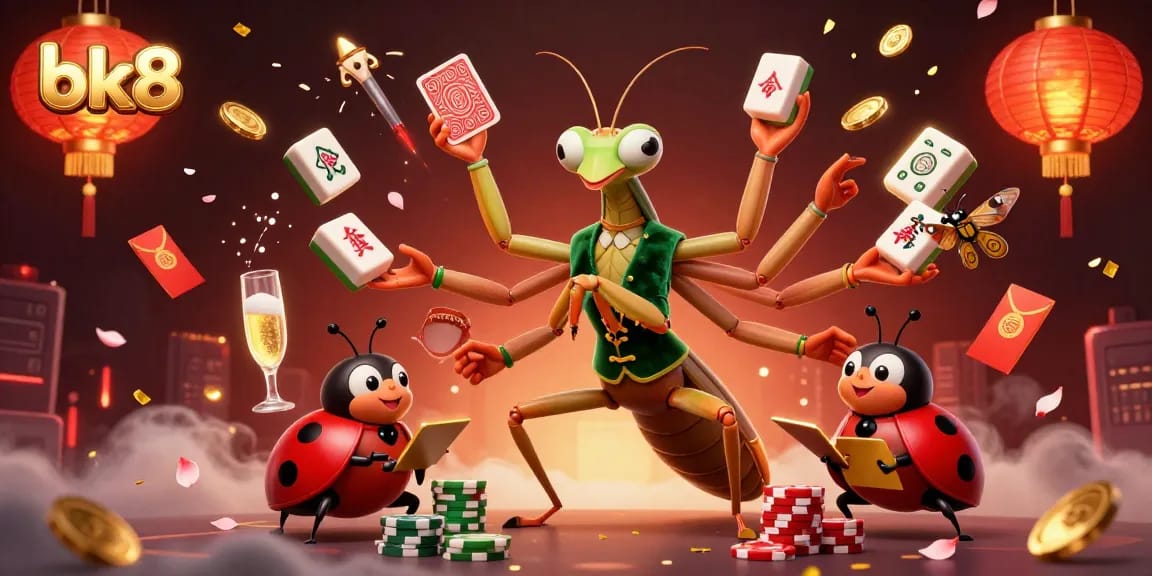 Engaging scene of bk8 casino action with a giant praying mantis and ladybug pit boss in a vibrant setting, featuring chips and cards.