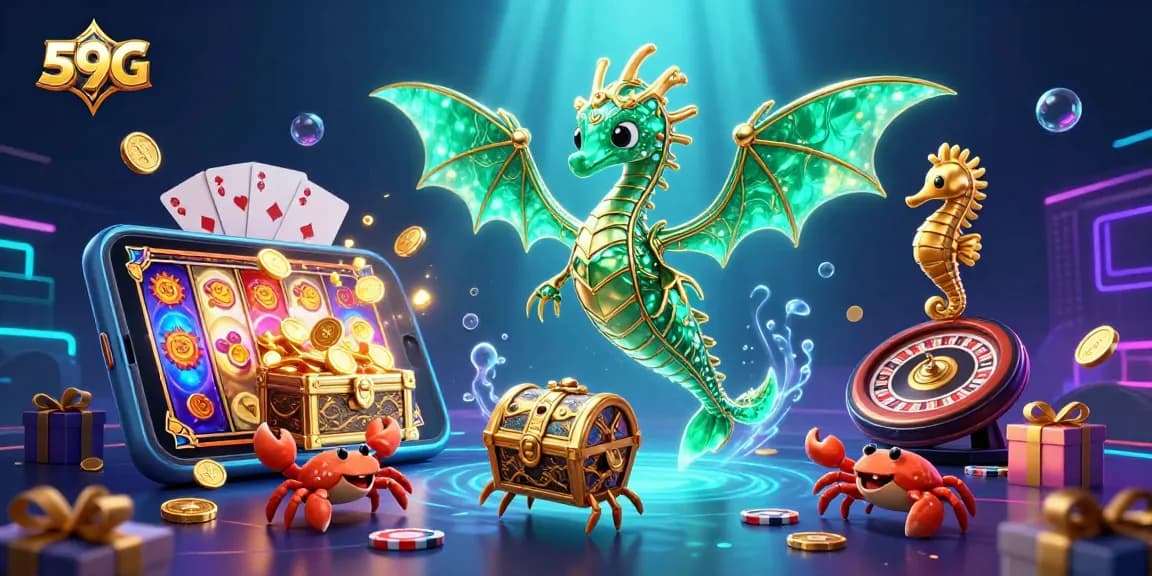 Engage with 59G, where emerald sea dragons meet vibrant slot games in a casino adventure.