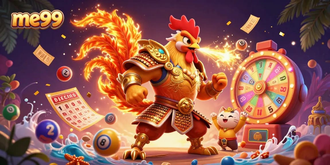 Experience thrilling gaming action with me99's vibrant casino characters in a rich, energetic scene.