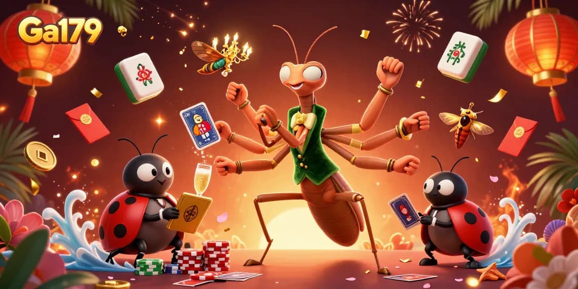 Experience Ga179 with a giant praying mantis card sharp dealing bets in an exciting casino scene.