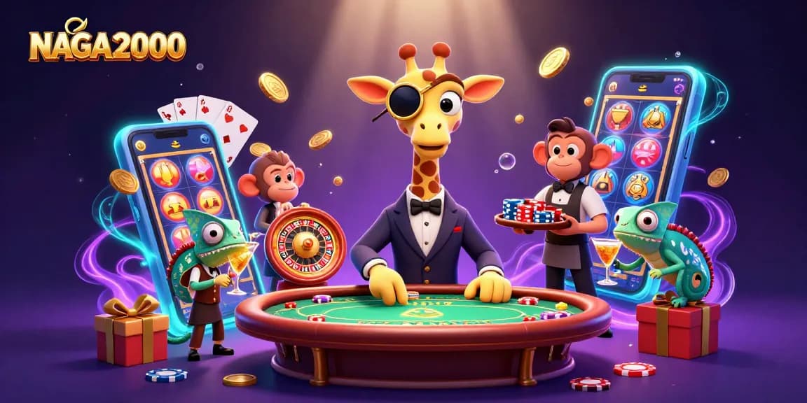 NAGA2000 menawarkan ilustrasi 3D yang menawan menampilkan seekor jerapah pemain besar di meja poker dengan elemen kemewahan.