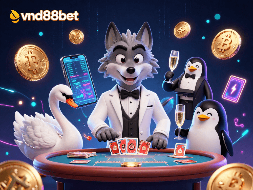 Experience the thrill of baccarat at vnd88bet with a debonair wolf and elegant cast, showcasing crypto elements.