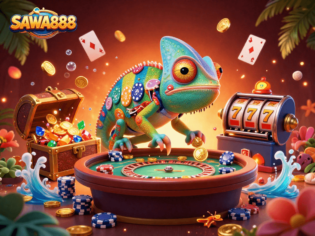 Experience the vibrant casino world with SAWA888, featuring a chameleon owner and classic gaming elements.